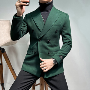 2025春装新款男士华夫格双排扣高品质墨绿西装外套DX6614-P155图片