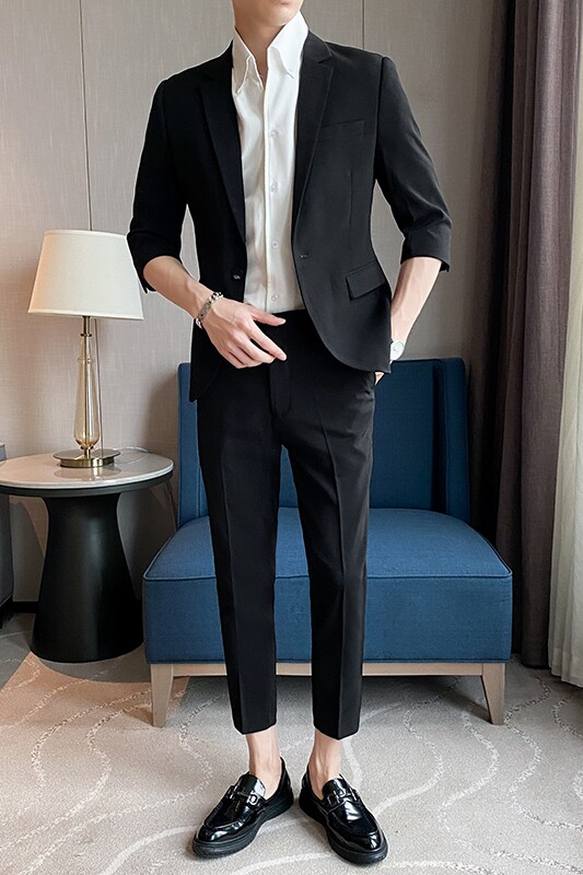2025夏季男士韩版修身网红中袖西装套装短袖西服潮LJT2205-P205,男装西服,星座197