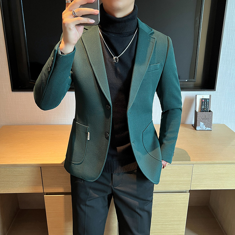 2025春秋新款华夫格西装男士格子西服黑色外套DX6613-P155,男装西服套装,星座197