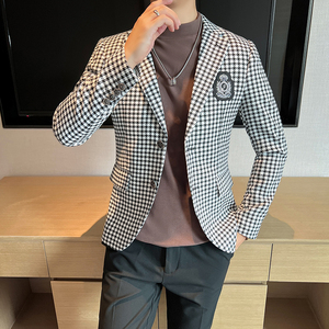 高品质新款潮流千鸟格休闲西服网红小西装胸章外套DX2207-P155