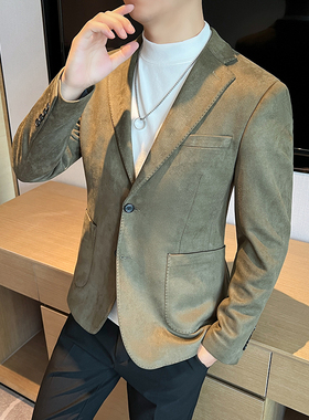 高品质麂皮绒西装外套男修身高级感西服男绿色单西男XZ5533-P155