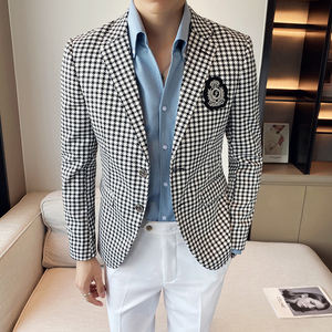 2025新款秋冬千鸟格休闲西服网红小西装胸章格子外套DX2207-P155图片