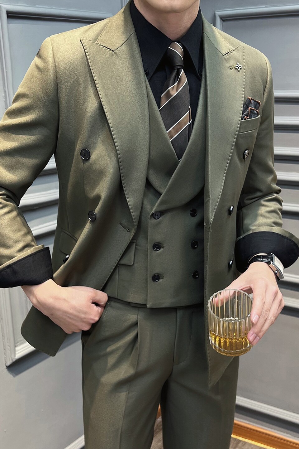 真袖叉双排扣纯色西装男套装商务结婚三件套橄榄绿SJT5502-P280,男装西服套装,星座197