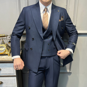 真袖叉 双排扣 纯色西装男套装商务结婚三件套 杏色 SJT5502-P280图片