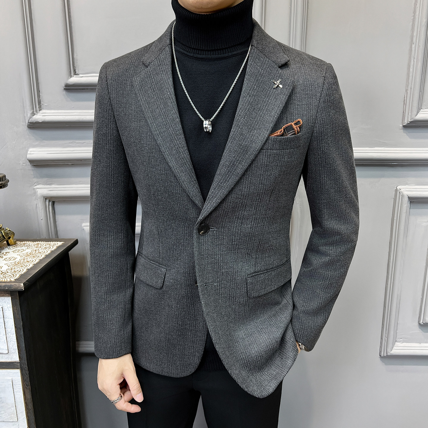 高品质毛呢加厚保暖西装男外套暗条纹灰色休闲西服DX6692-P155,男装西服套装,星座197