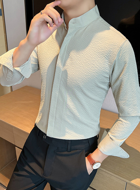 高品质 新款定制面料 泡泡纱新中式立领暗扣墨绿色衬衫CS651-P78