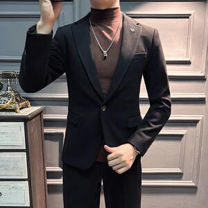 高品质新款毛呢加厚保暖西装男套装暗条纹卡其西服DX5516-P155图片