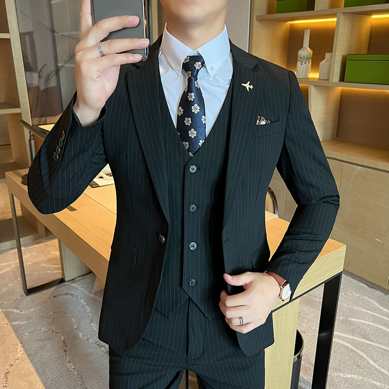 一粒扣西装男套装男士修身条纹西服正装新郎结婚礼服SJT6668-P265,男装西服套装,星座197