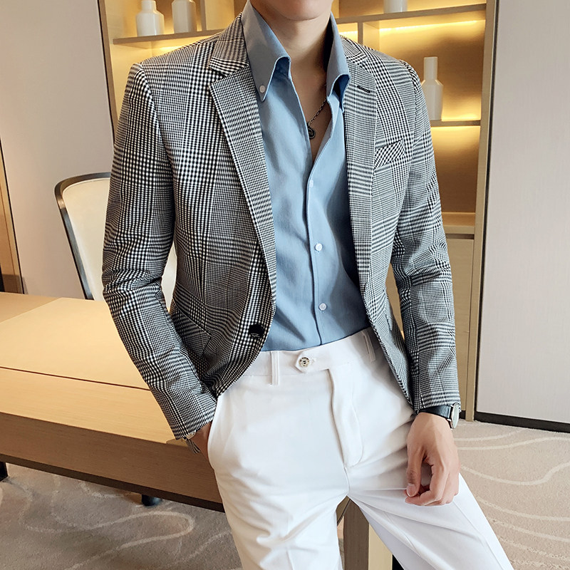 2024秋装网红格子修身西装外套潮英伦男士痞帅小西服DXY130-P155