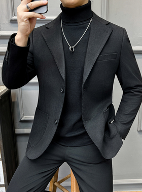 法式 大领子 高品质麂皮绒西装外套男修身黑色西装XZ5533-P155