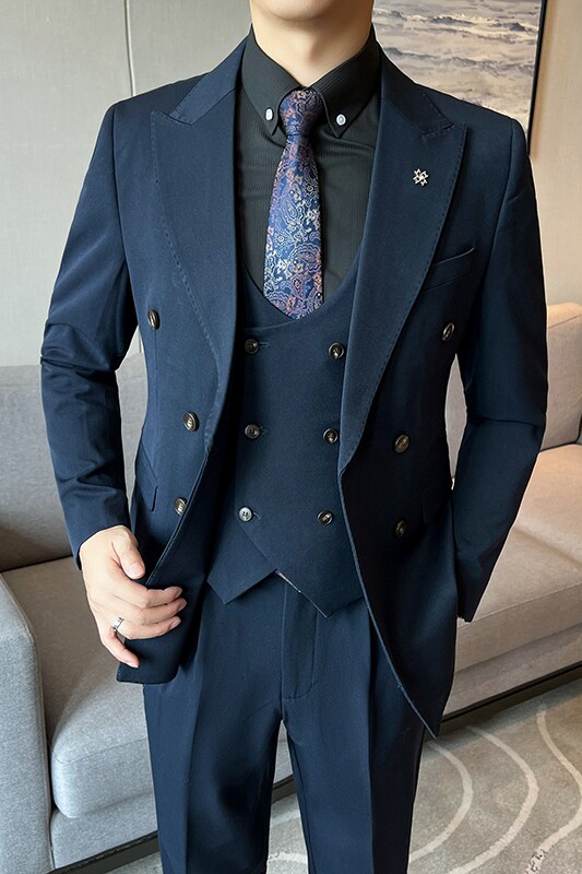 高品质双排扣西装套装商务正装男三件套蓝色西服SJT5502-P285,男装西服套装,星座197