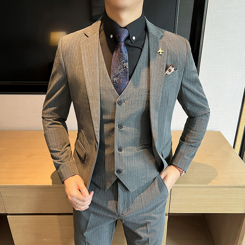 一粒扣西装男套装男士修身条纹西服正装新郎结婚礼服SJT6668-P265,男装西服套装,星座197