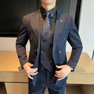 高品质   双排扣西装套装商务正装男三件套蓝色西服SJT5502-P285图片