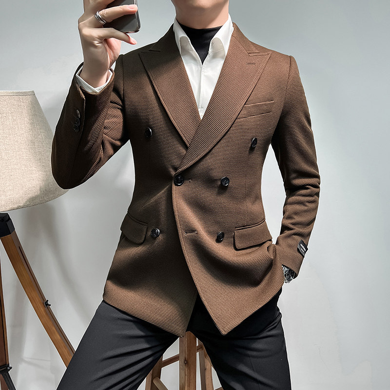 2025新款男士华夫格双排扣休闲西装咖啡色外套DX6614-P155,男装西服,星座197