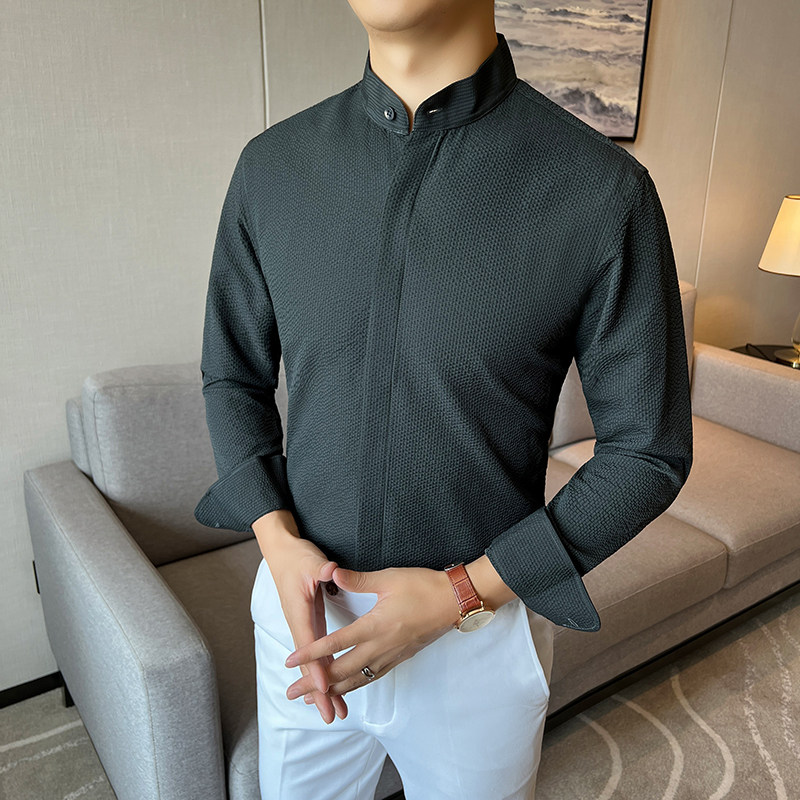 2025春夏新款定制面料泡泡纱新中式立领暗扣杏色衬衫CS651-P75,男装衬衫,星座197