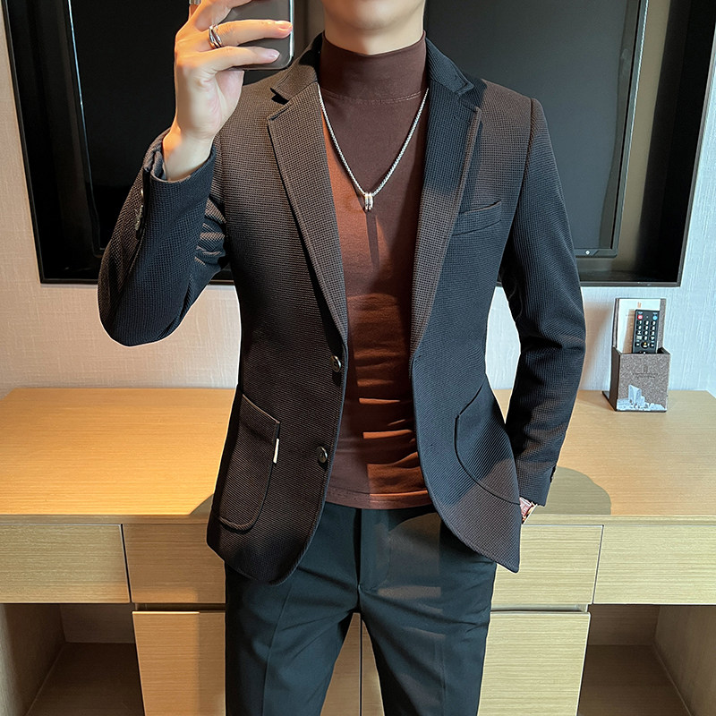 2025春秋新款华夫格西装男士格子西服咖啡色外套DX6613-P155,男装西服套装,星座197
