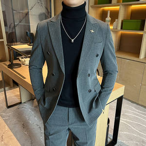 双排扣西装男套装男士修身条纹西服正装新郎结婚礼服LJT6667-P205图片