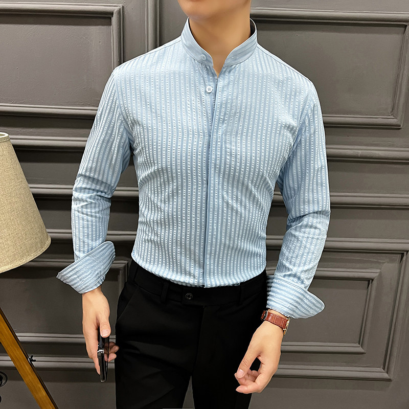 2025春夏潮流立领条纹衬衫男士长袖男装新中式痞帅衬衣CS751-P78,男装衬衫,星座197