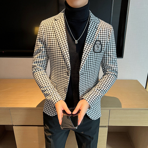 高品质 新款潮流千鸟格休闲西服网红小西装胸章外套DX2207-P155图片