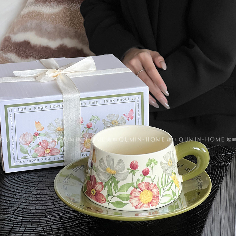 趣皿复古风油画咖啡杯碟套装家用办公室下午茶杯拿铁杯陶瓷杯礼物