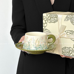 趣皿复古陶瓷杯中古风油画绿色风铃花咖啡杯碟套装下午茶杯拿铁杯