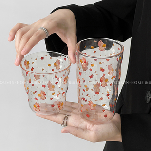 趣皿 ins风卡通印花玻璃杯龙年限定欢聚云朵咖啡杯牛奶杯家用水杯