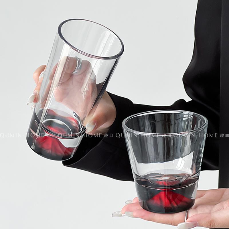 趣皿红顶黑底富士山杯小众雪山杯子玻璃杯威士忌酒杯咖啡冷饮杯子