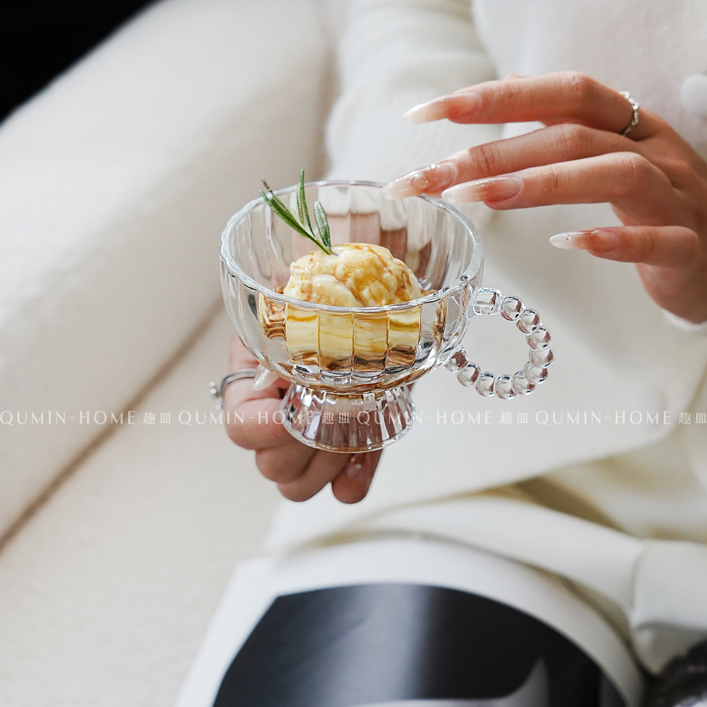 趣皿ins风条纹玻璃杯家用雪糕杯简约酸奶杯奶昔杯冰淇淋杯甜品杯