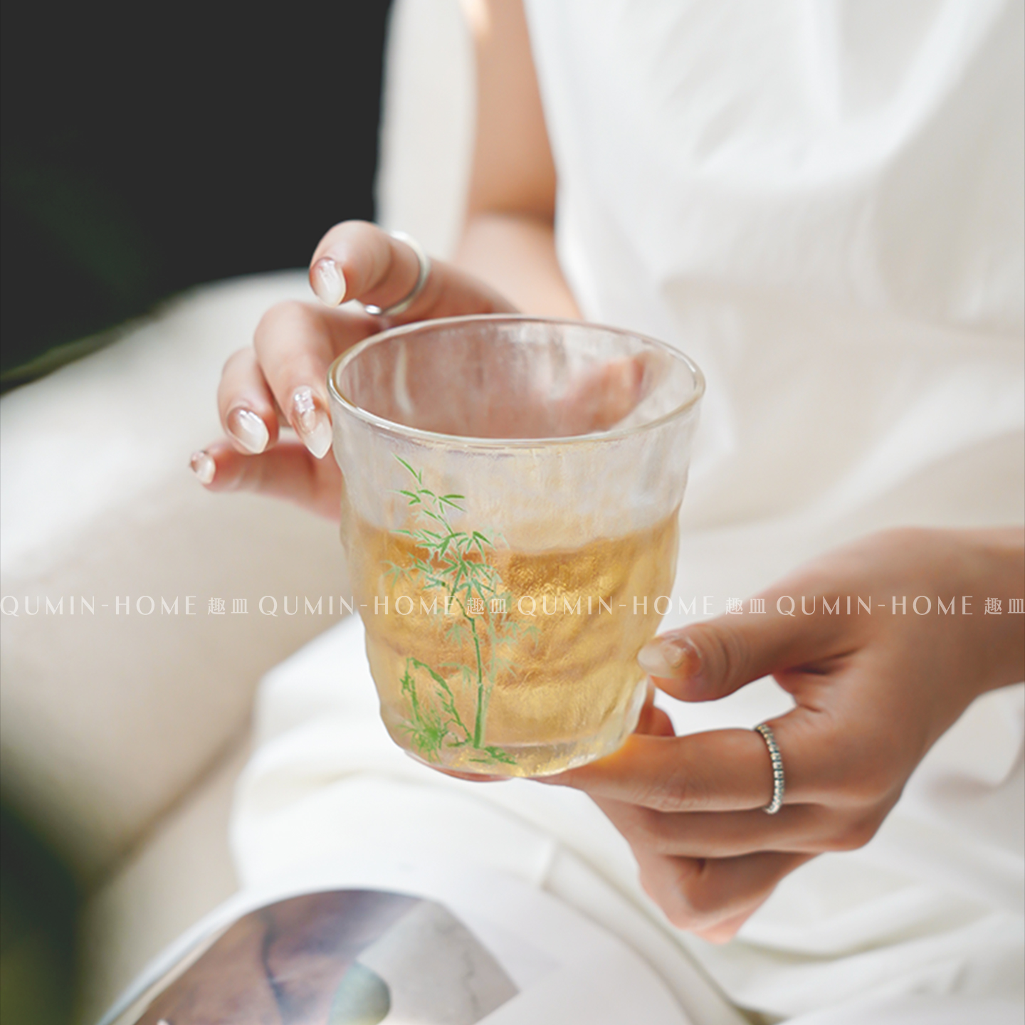 趣皿ins风水墨绿竹玻璃杯果汁杯家用办公室茶杯水杯冷饮杯咖啡杯