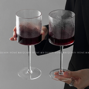 复古竖纹玻璃杯高脚红酒杯子ins风树纹香槟杯葡萄酒杯水杯果汁杯