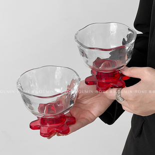 趣皿 ins星花红底甜品杯玻璃杯小众设计高颜值高脚杯果汁冷饮杯子