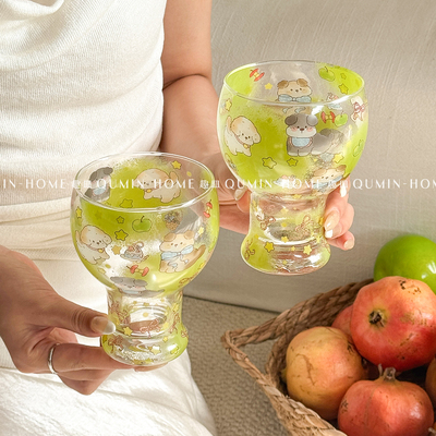 趣皿ins风啤酒杯高脚杯玻璃杯子可爱卡通家用果汁杯牛奶杯喝水杯