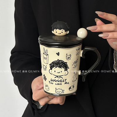 趣皿ins风手绘陶瓷杯可爱马克杯情侣水杯家用办公室咖啡杯牛奶杯