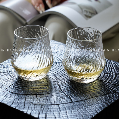趣皿ins风螺纹斜身杯家用调酒玻璃杯威士忌杯鸡尾酒杯苏打气泡杯