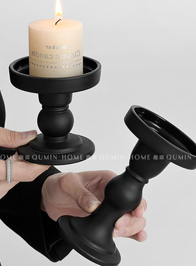 趣皿 复古曜黑罗马柱蜡烛烛台玻璃摆件家用高级感香薰底座轻奢感