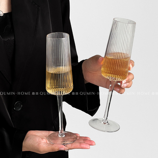 ins风细条纹高脚香槟杯苏打水气泡杯高颜值葡萄酒红酒杯果汁杯子
