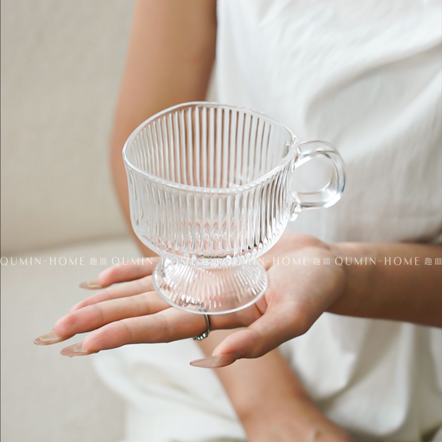 趣皿带把手透明玻璃杯办公室冷萃杯饮品杯冷饮杯子冰淇淋杯甜品杯