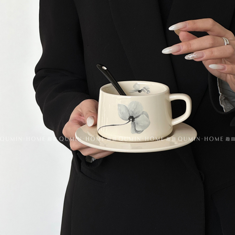 趣皿中古风咖啡杯碟套装家用办公室带勺子陶瓷杯子高颜值下午茶杯