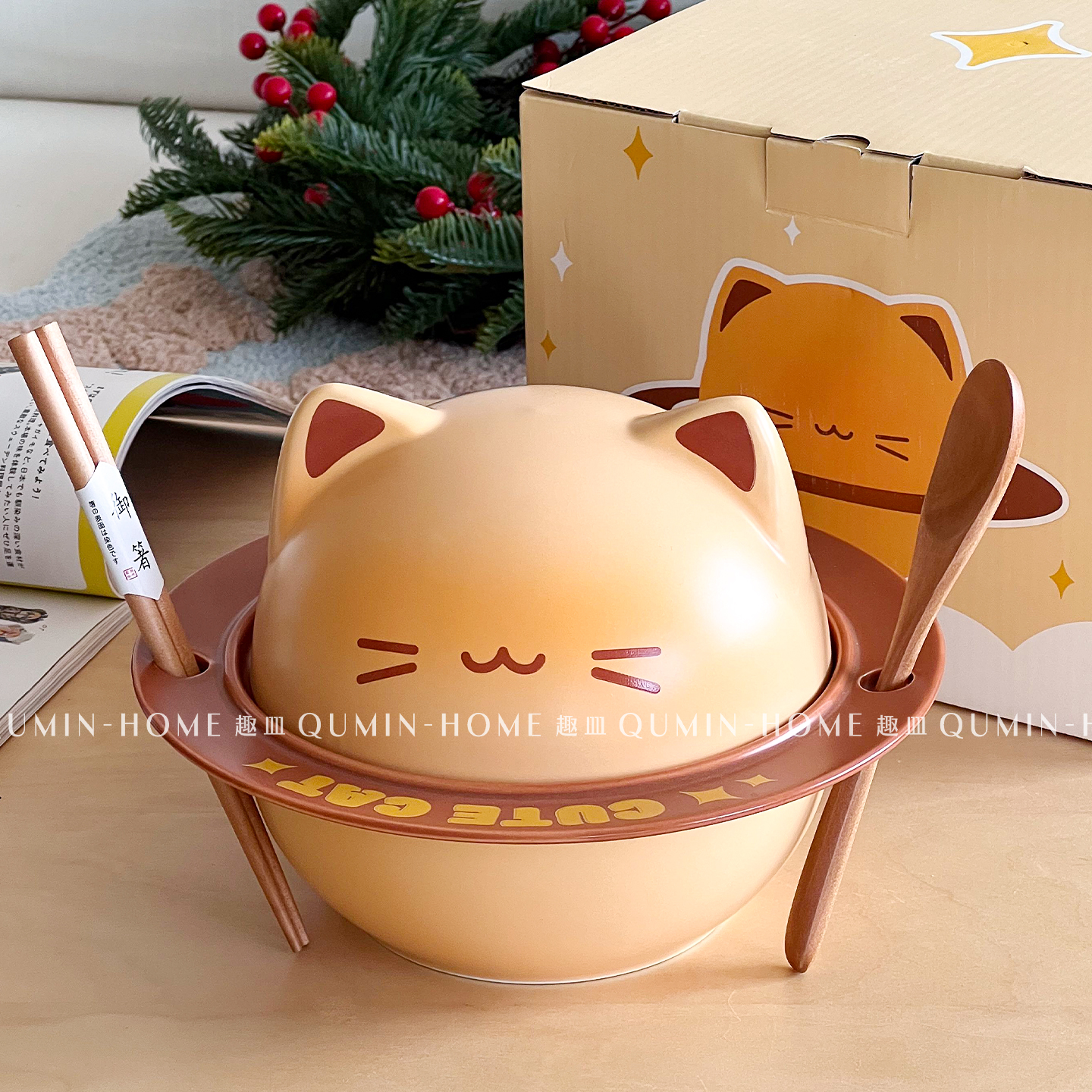 趣皿可爱小猫咪带筷勺泡面碗陶瓷餐具套装礼盒生日送礼学生宿舍