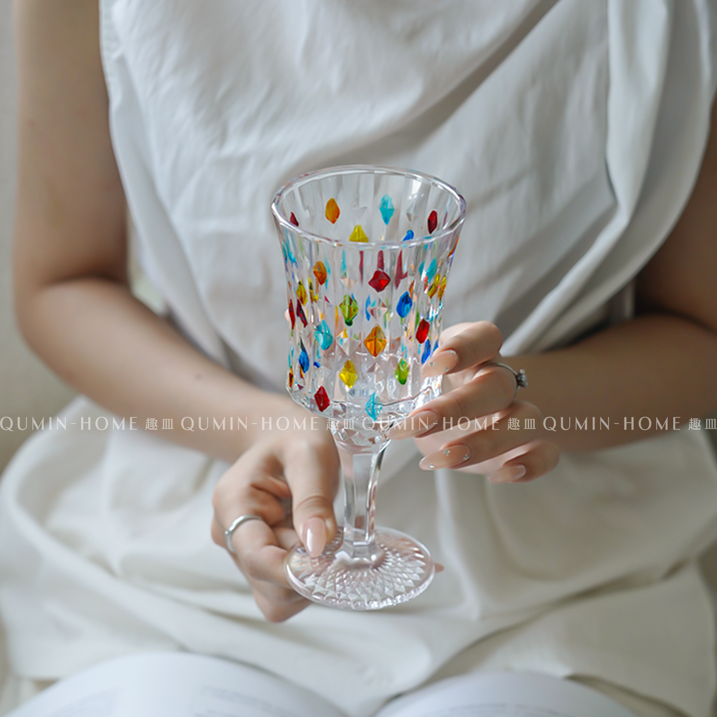趣皿欧式轻奢葡萄酒杯手绘七彩高脚杯家用玻璃杯子红酒杯香槟杯