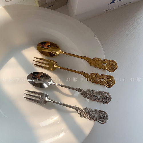复古玫瑰花勺子甜品咖啡叉子雕花