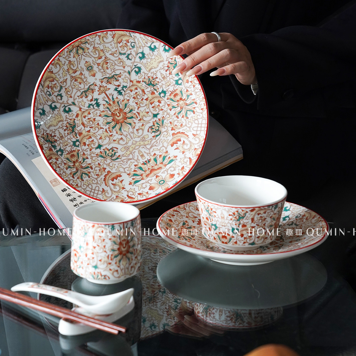 趣皿轻奢珐琅彩一人食陶瓷餐具套装中式复古摆台碗盘碟勺马克杯子