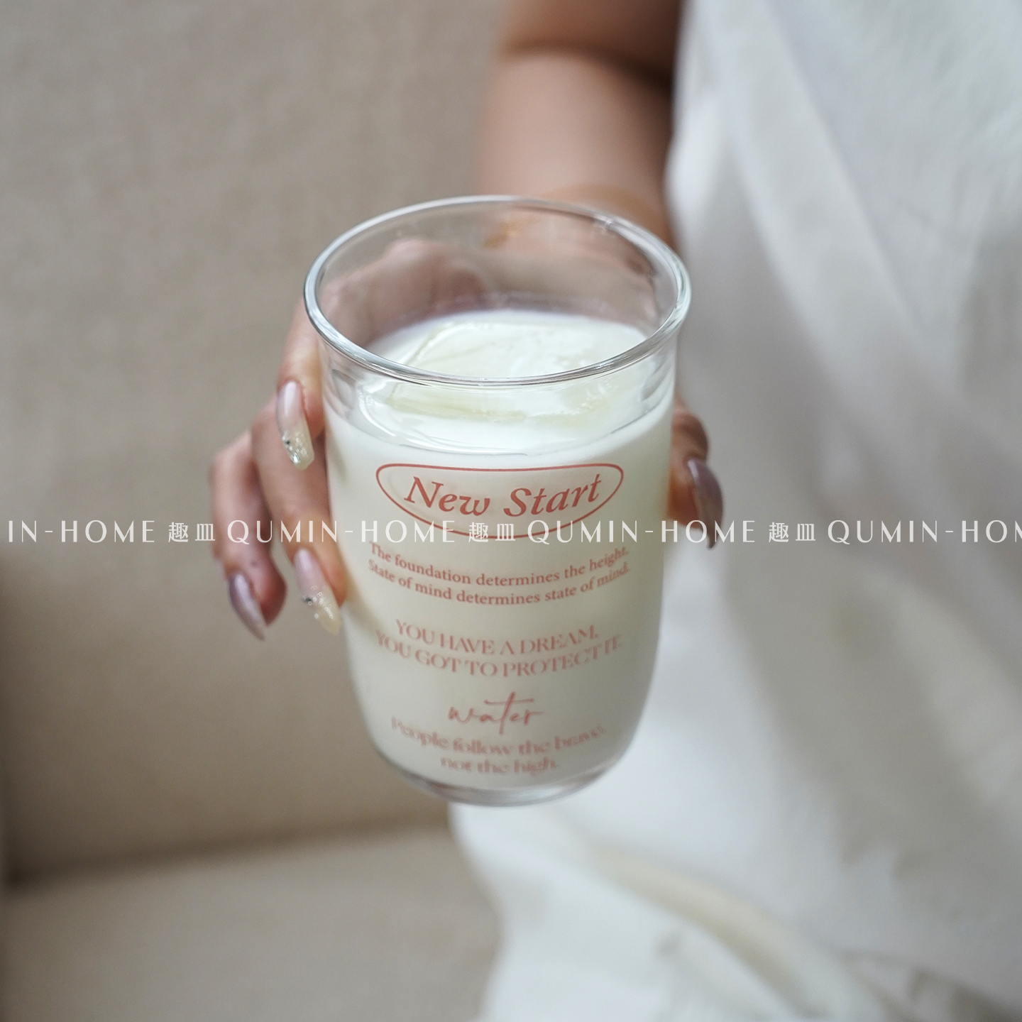 趣皿ins玻璃杯冰美式杯咖啡杯家用喝水杯子字母饮料牛奶杯冷饮杯