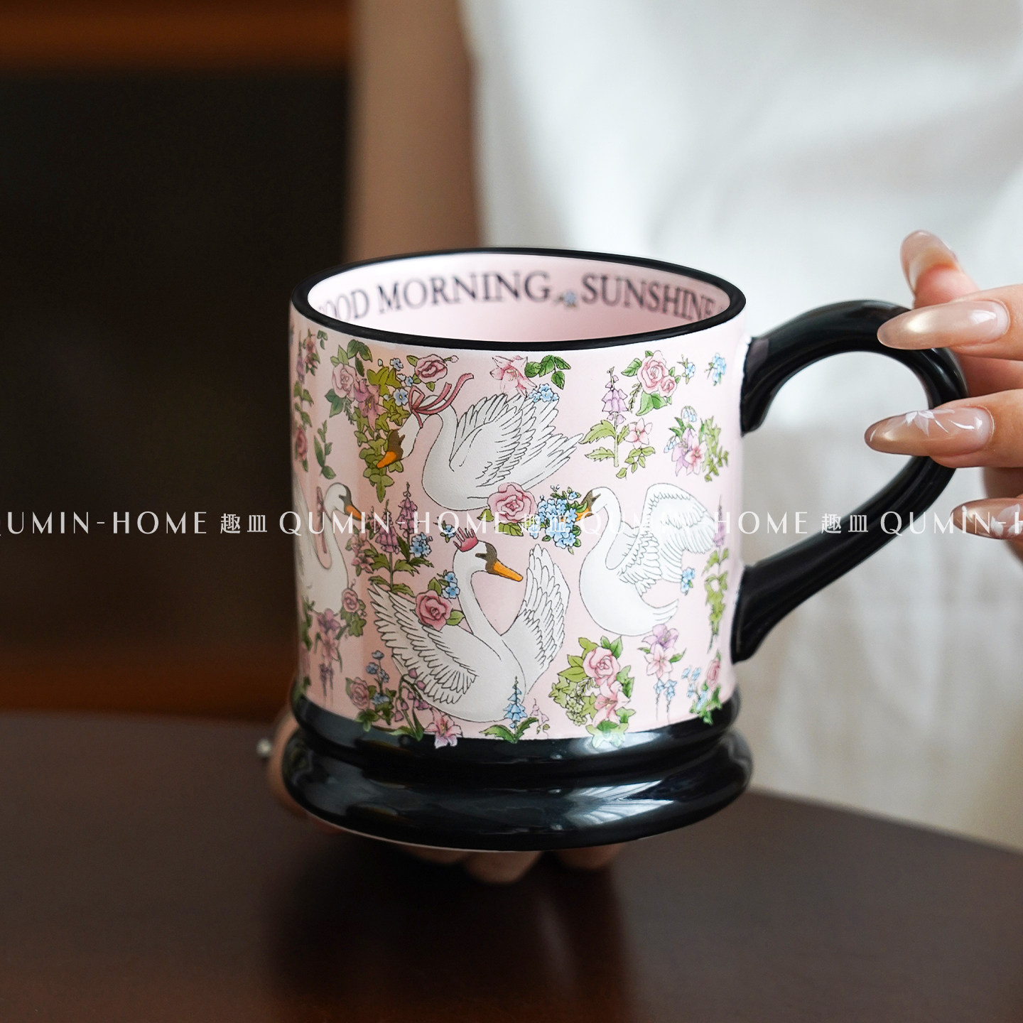趣皿复古繁花天鹅马克杯家用陶瓷杯咖啡杯创意早餐杯牛奶杯喝水杯