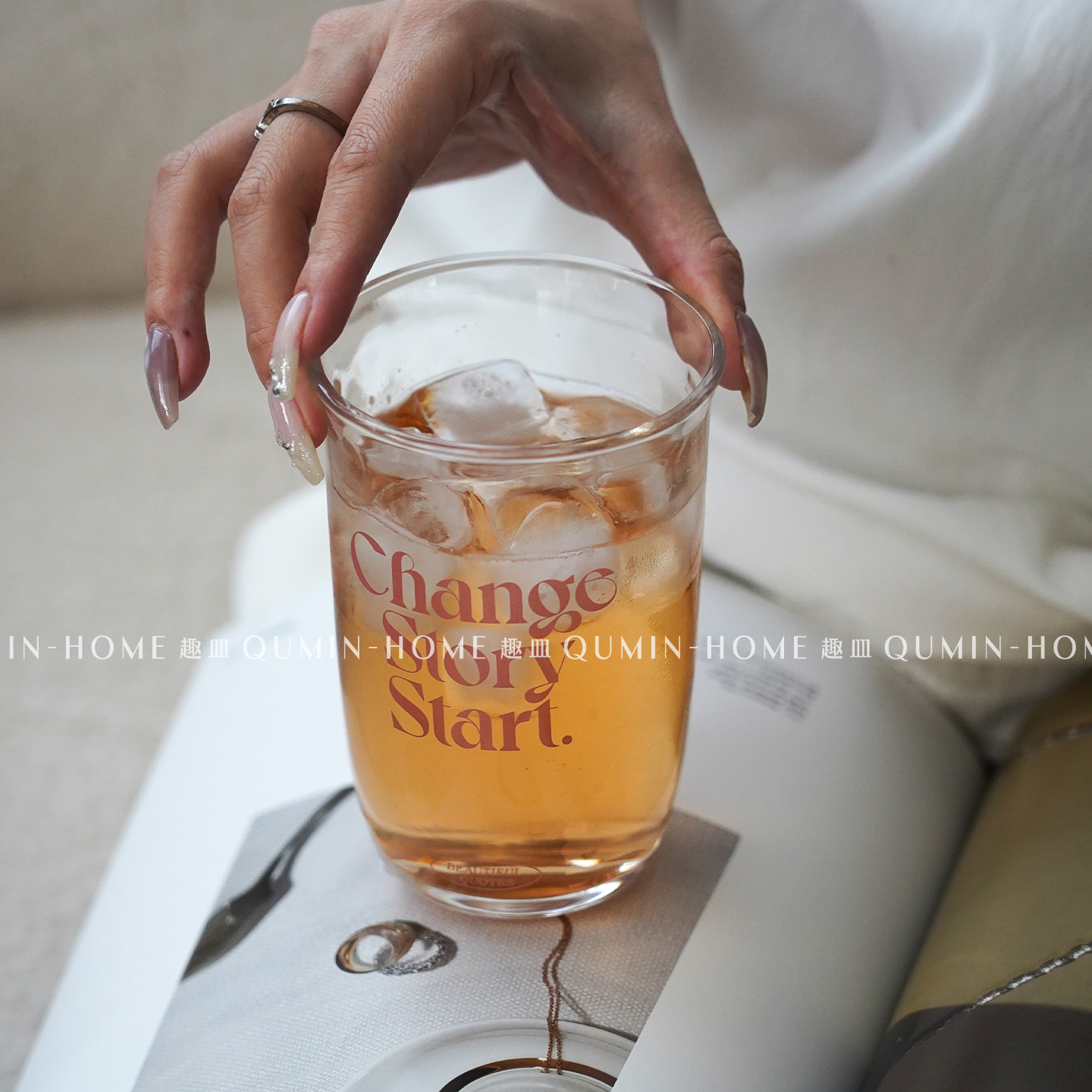 趣皿ins风透明字母玻璃杯冰美式杯子早餐杯冷饮杯饮料杯喝水杯子