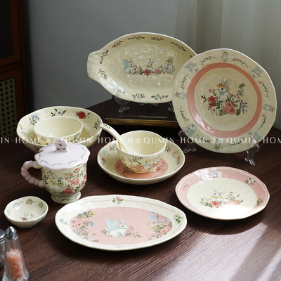 趣皿可爱中式陶瓷餐具碗碟套装高颜值家用米饭碗马克杯带勺菜盘子