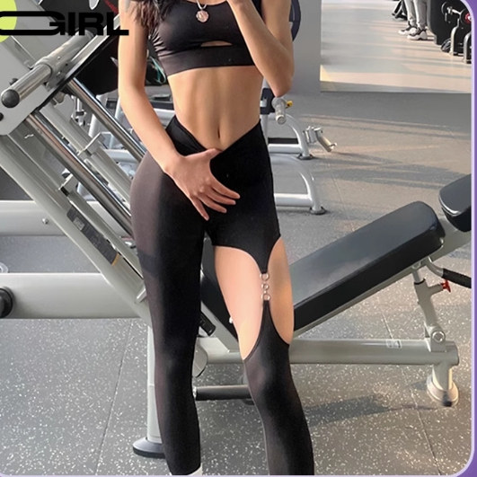 时尚新款瑜伽裤女性感紧身裸感高蜜桃收腹腰运动健身九分镂空长裤