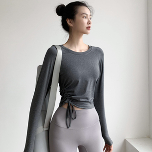 2024新款侧边系带瑜珈上衣女薄款跑步短袖运动速干T恤训练健身服