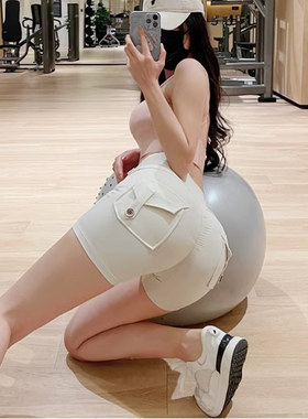 欧美工装口袋提臀弹力健身短裤女紧身运动裤蜜桃臀外穿修身瑜伽裤