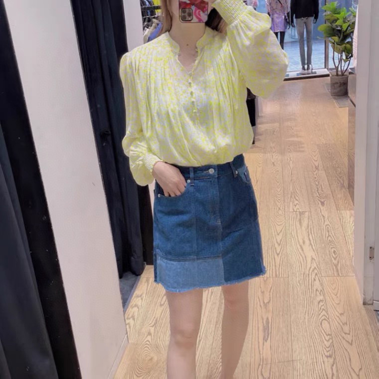 福利特惠早春新品 排扣黄色碎花花卉印花灯笼袖长袖衬衫 女